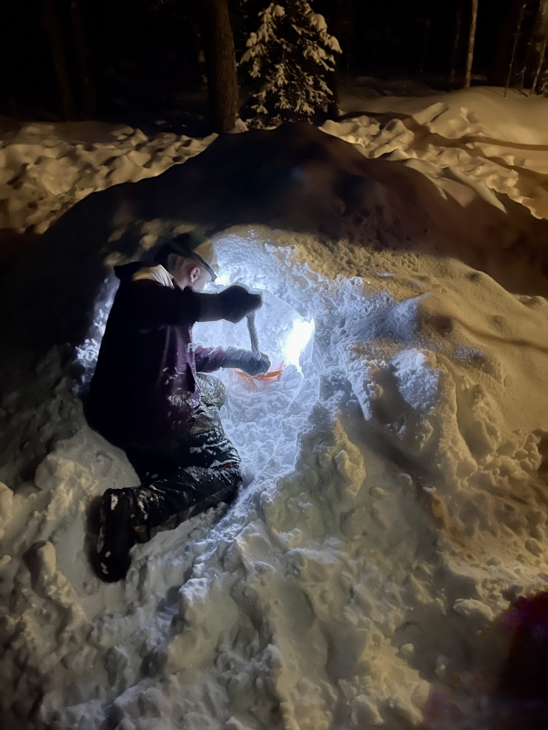 Grout Pond, nigh time, snow cave, dig, Reeno